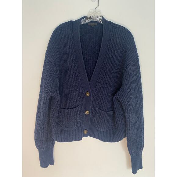 J. Crew Sweaters - J Crew Navy Ribbed Cropped Chunky Cardigan Sweater XL‎ Button Front Academia Y2K